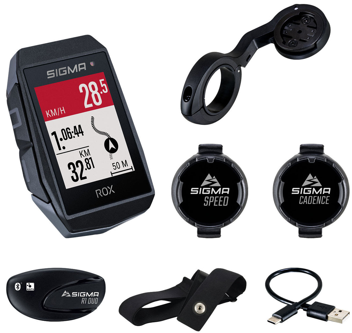 Sigma Rox 11.1 evo gps hr + cad snelh set + sb gps+ant+ ble riem+usb-c