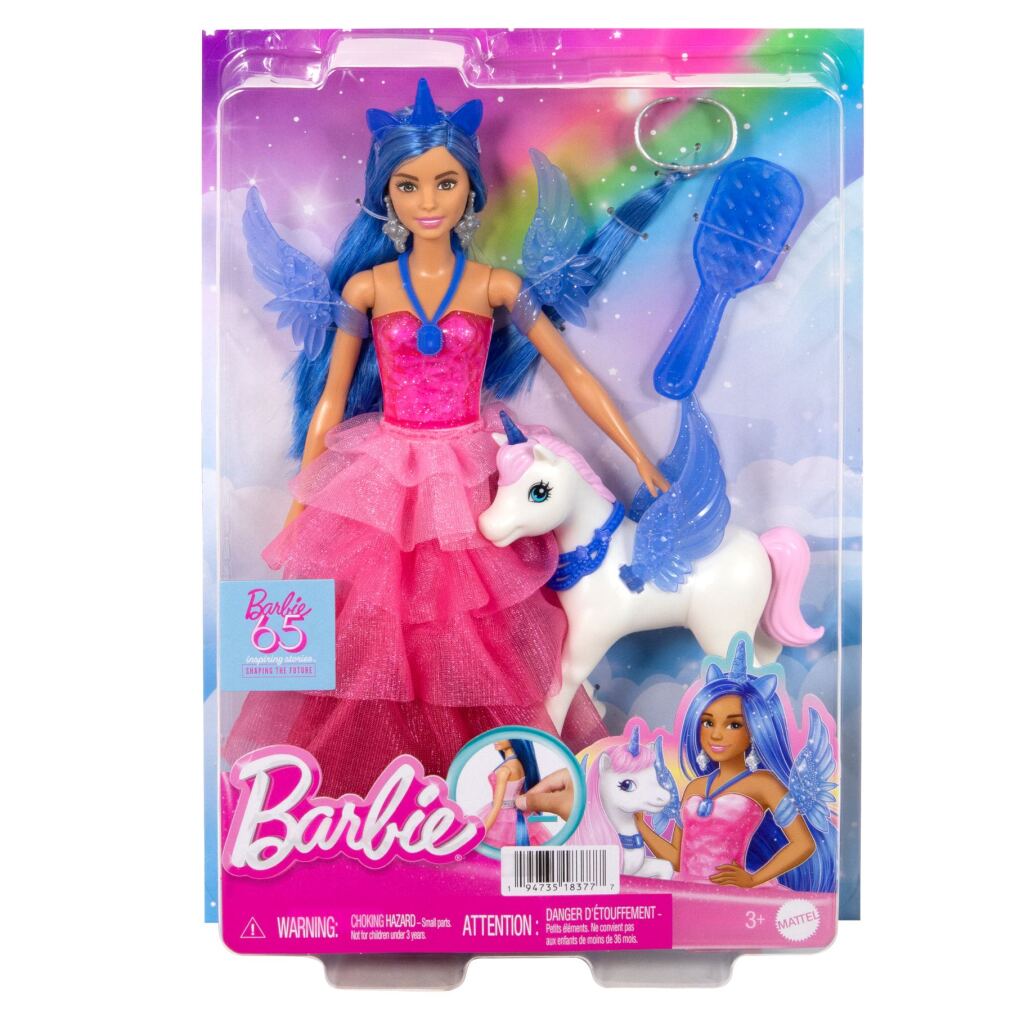 Mattel Eenhoornpop met blauw haar, roze jurk en alicorn