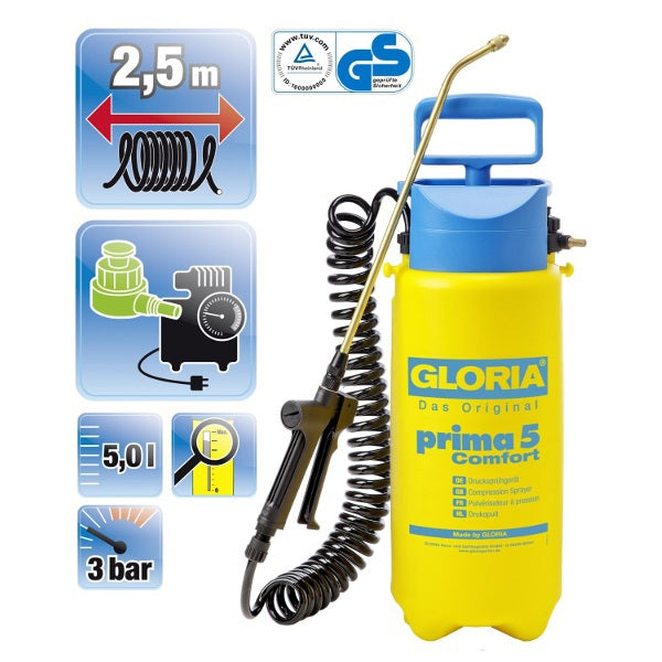 Gloria house and garden 000091.0000 prima 5 comfort pressure sprayer 5 l compressor connection, spiral hose