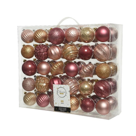 Decoris julekulesett plast 60 stk rosa
