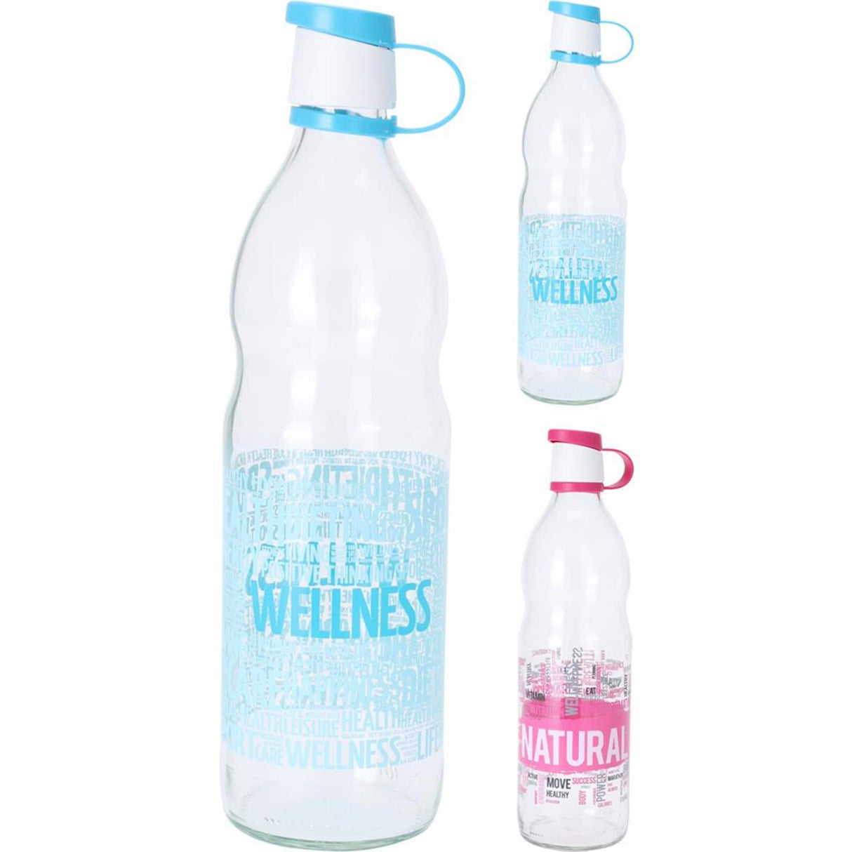 Excellent houseware glass bottle 1l with text in pink or blue