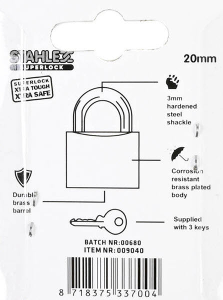 Producten hangslot superlock 20mm plus3sleutels