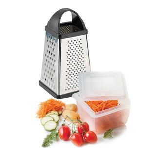 Grater ceithre thaobh Westmark le tráidire bailiúcháin, 4 dhromchla grater gearrtha, airde: 25 cm, plaisteach cruach dhosmálta, airgead dubh, 11882260