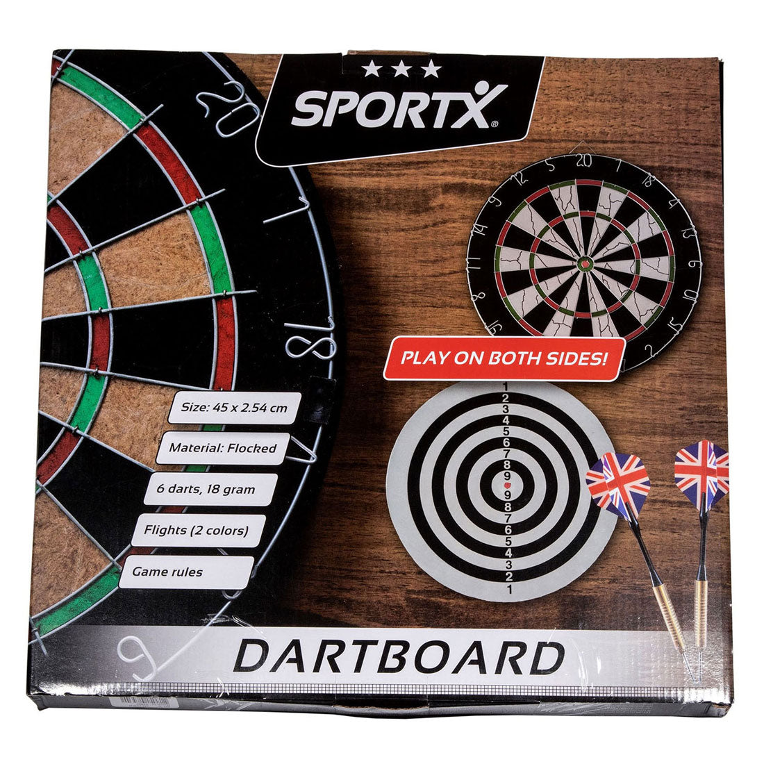 Sportx Dartbord floptéiert mat 6 Darts