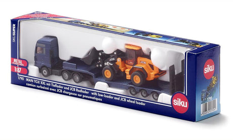 Siku 1790, férfi teherautó alacsony rakodóvel és JCB lapáttal, 1:87, fém műanyag, kék sárga, összecsukható rámpa, mozgatható kar