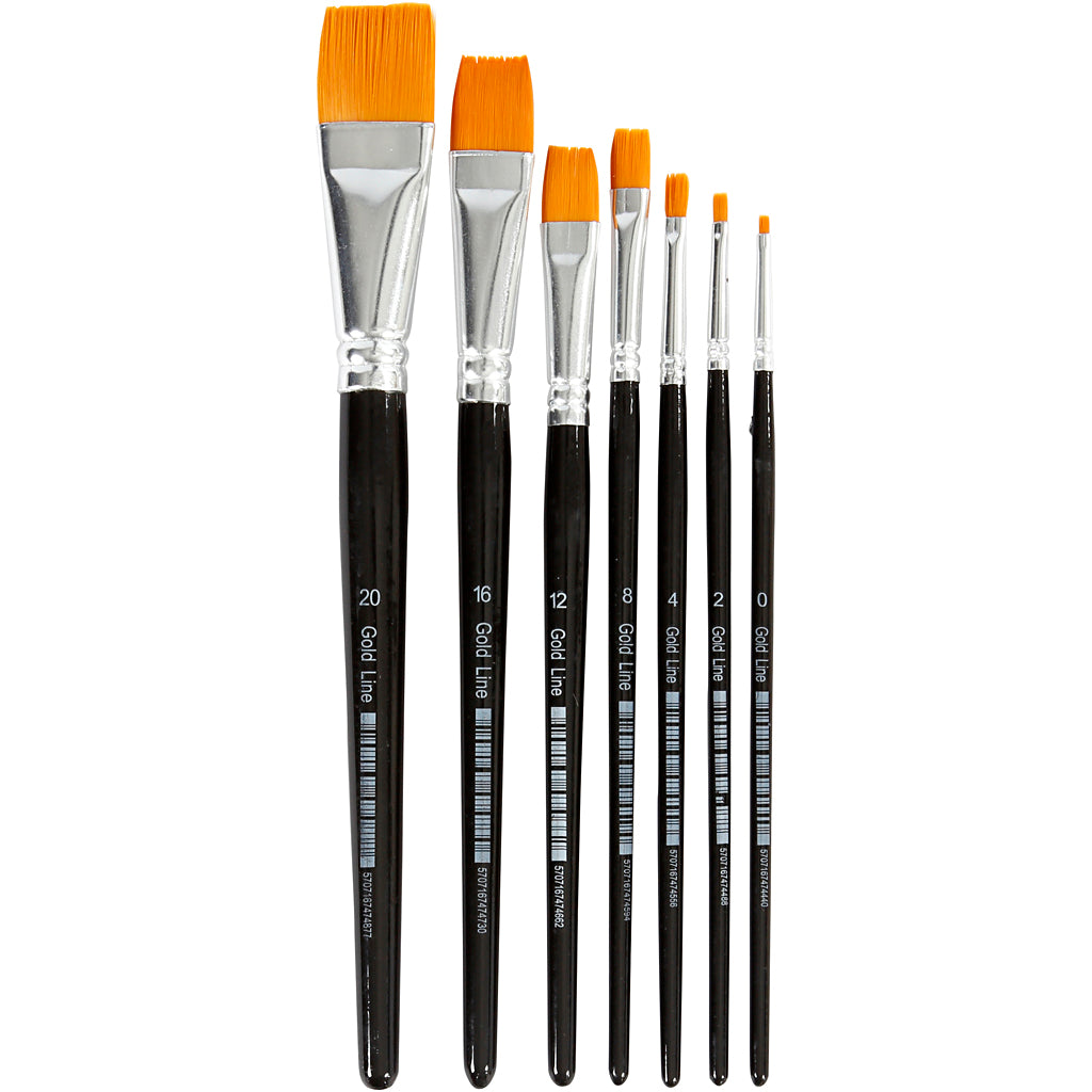 Creativ company gold line brushes, size 0+2+4+8+12+16+20, l: 16.5-21 cm, w: 1-7 mm, flat, 7 pieces 1 box