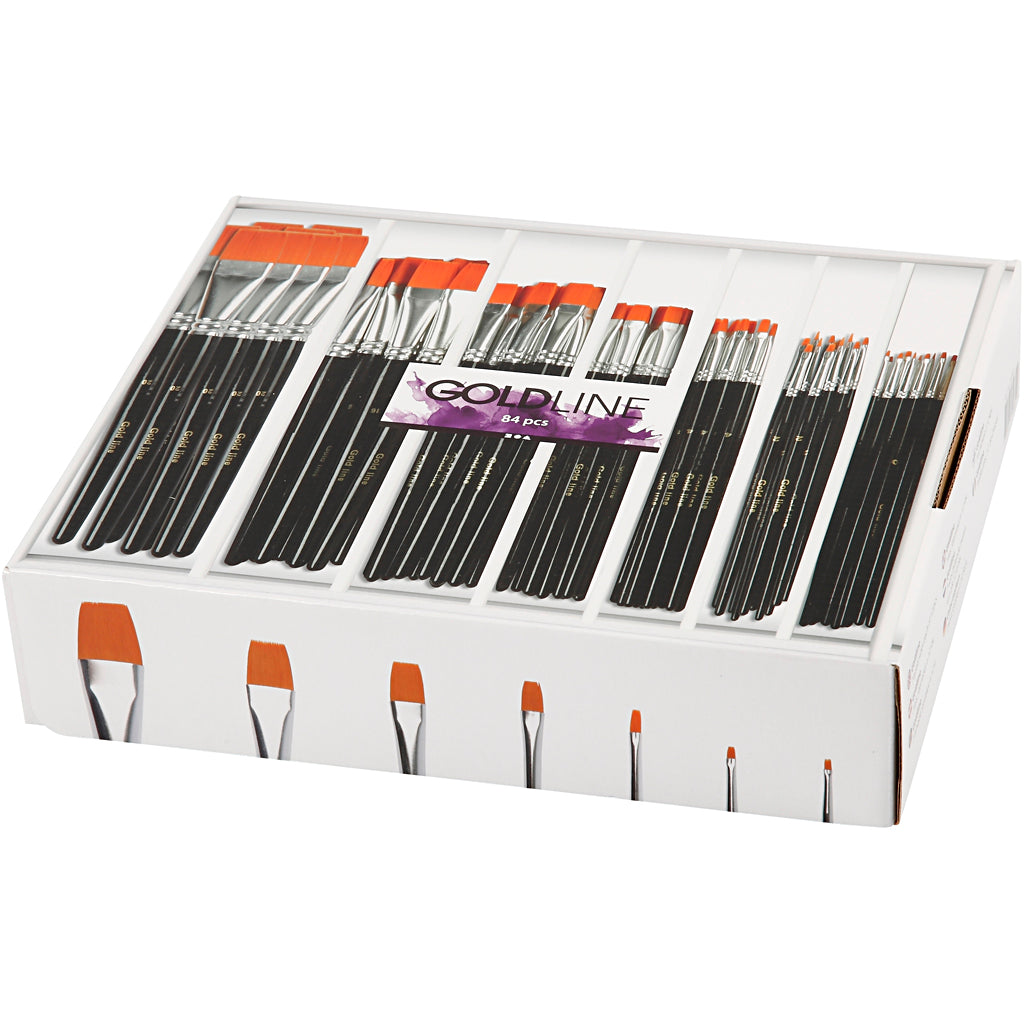 Gold line brushes, size 0+2+4+8+12+16+20, l: 16.5-20 cm, w: 1-7 mm, flat, 7x12 pcs 1 box