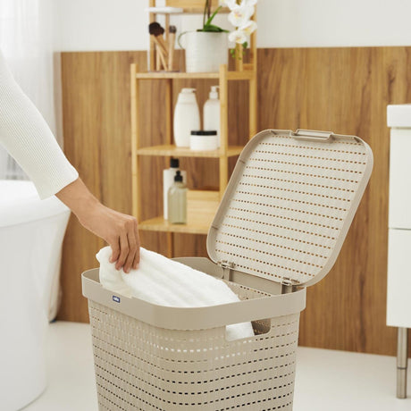 Rotho country - laundry basket with lid - 55 l plastic - cappuccino