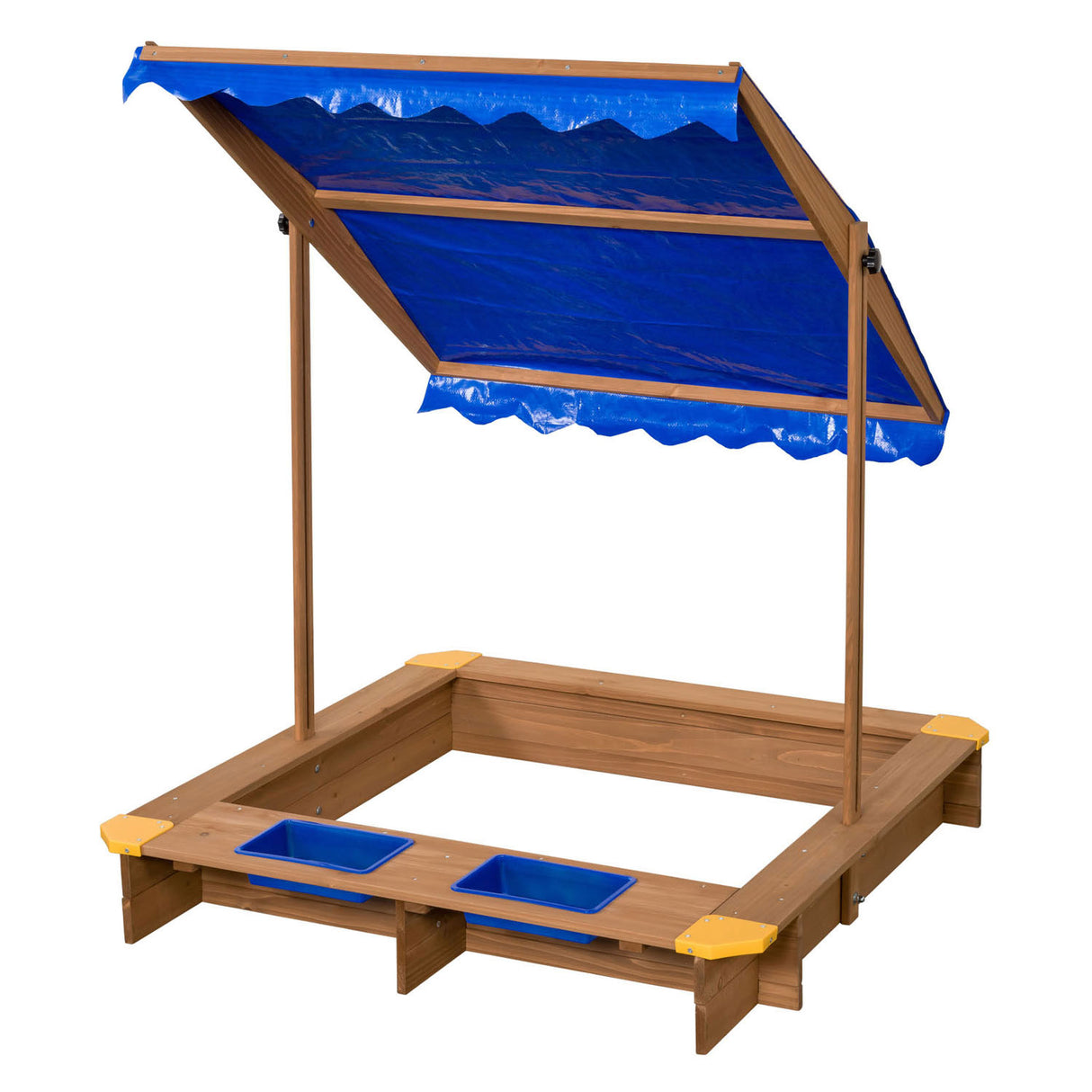 Swingking schwiewend Holz Sandpit mat Waasserschëss a Coveren