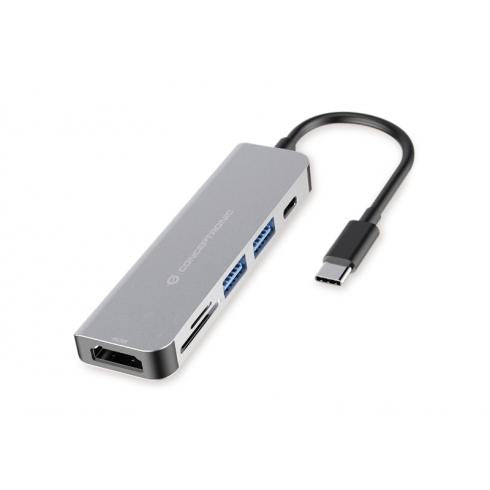 Concepttronic Donn02G 6-in-1 Multifunkční USB Hub Adapte, USB 3.2 Gen 1 typ-C, HDMI, 5 Gbps, Alu