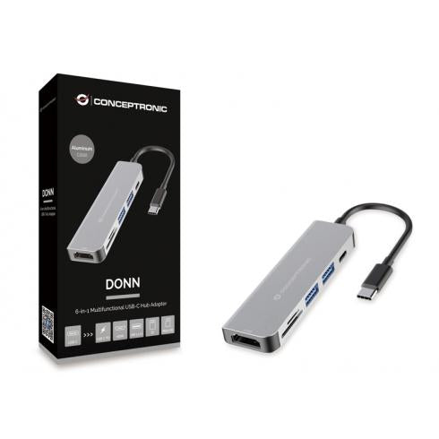 Concepttronic Donn02G 6-in-1 Multifunkční USB Hub Adapte, USB 3.2 Gen 1 typ-C, HDMI, 5 Gbps, Alu