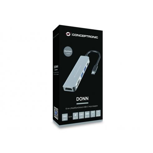 ConceptTronic DONN02G 6-i-1 Multifunktionel USB-hub adapte, USB 3.2 Gen 1 Type-C, HDMI, 5 Gbps, ALU