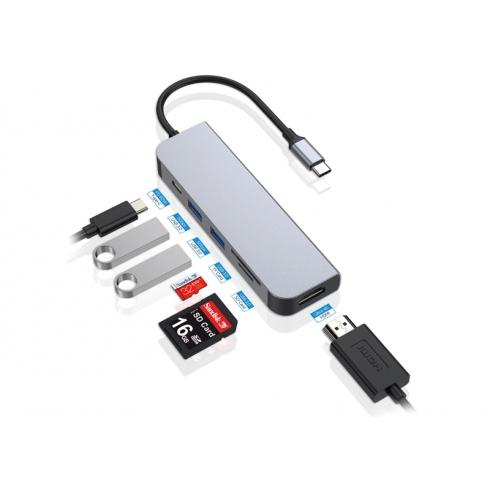 ConceptTronic DONN02G 6-i-1 Multifunktionel USB-hub adapte, USB 3.2 Gen 1 Type-C, HDMI, 5 Gbps, ALU