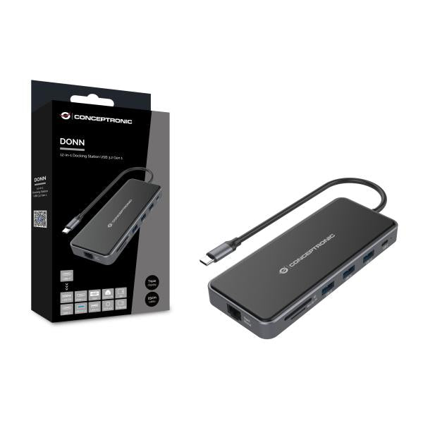 ConceptTronic Donn15G 12-i-1 dockningsstation, USB 3.2 Gen 1, Type-C, 100 W, HDMI, VGA, (Micro) SD