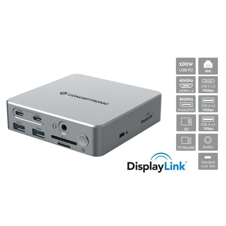 Conceptronic Donn25g 15-i-1 DisplayLink USB 3.2 Gen 2 Docking Station, Type-C 10 Gbps, USB-A X2