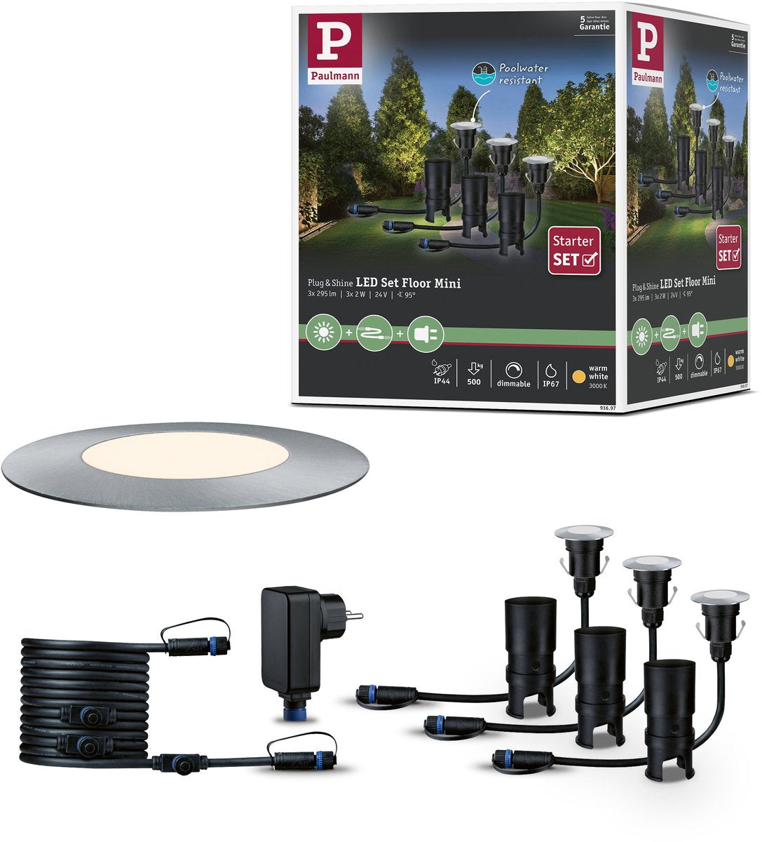 Paulmann Plug Shine LED Ground Recessed Lamp Floor Mini Basic Set IP67 3000K 3x2.5W 21VA Silver
