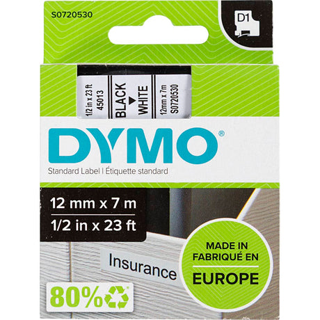 Fita Dymo d1, preta sobre branco (12mm x 7m)