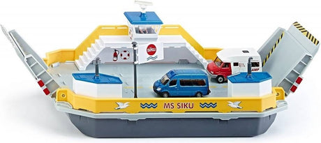 Siku 1750, car ferry, 1:50, metal plastic, incl. 2 toy cars, yellow gray, can float, movable ramps