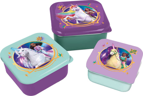 Stor unicorn academy 3-in-1 snackdoosjes - 3 formaten - vierkant - sluit goed af - lunchboxen voor kinderen - los deksel - geschikt voor koekjes, fruit en snacks - paars groen