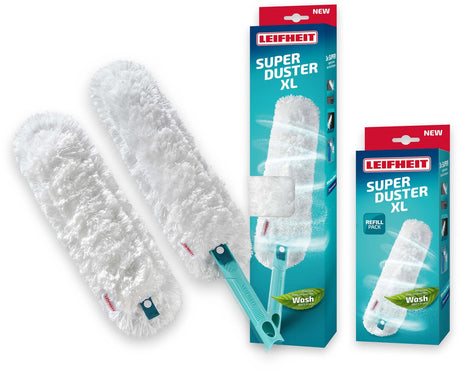 Leifheit Superduster xl Feather Duster Set - Click System Handle - inkl. 2 wäschbar Coveren - Mikrofiber