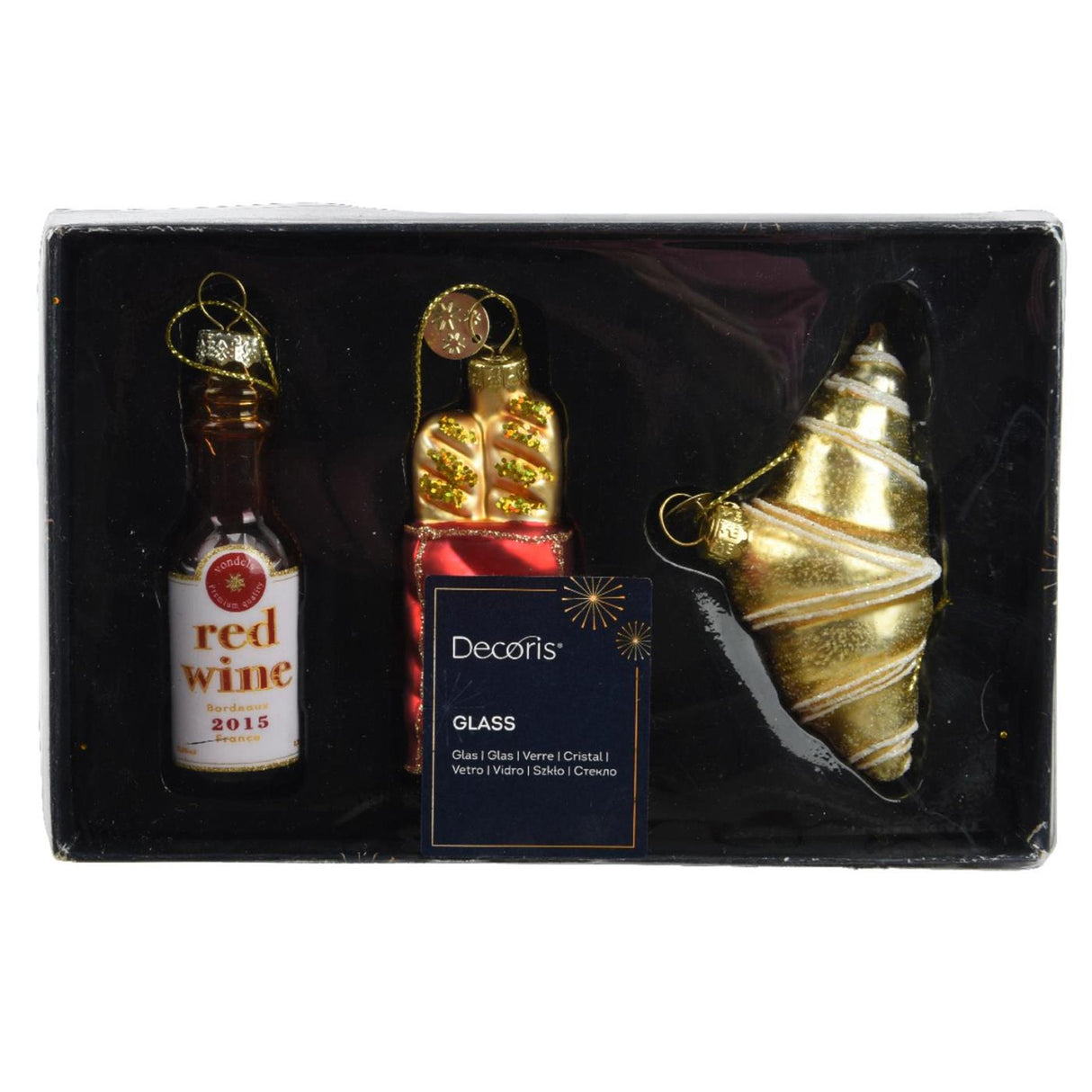 Decoris Chrëscht Pendant Set francaise vin rouge Croissant Bagette 3-Stéck Set