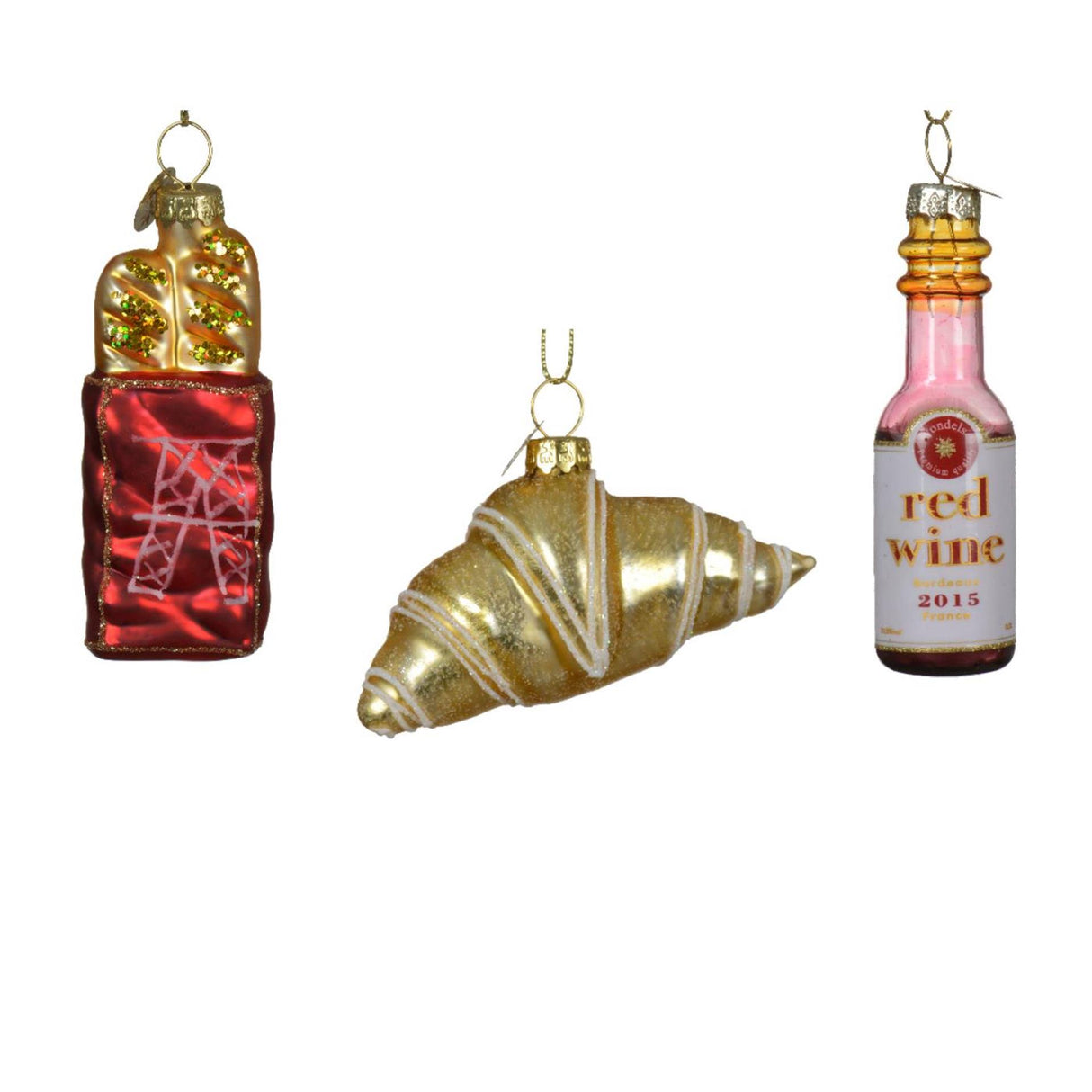 Decoris Chrëscht Pendant Set francaise vin rouge Croissant Bagette 3-Stéck Set