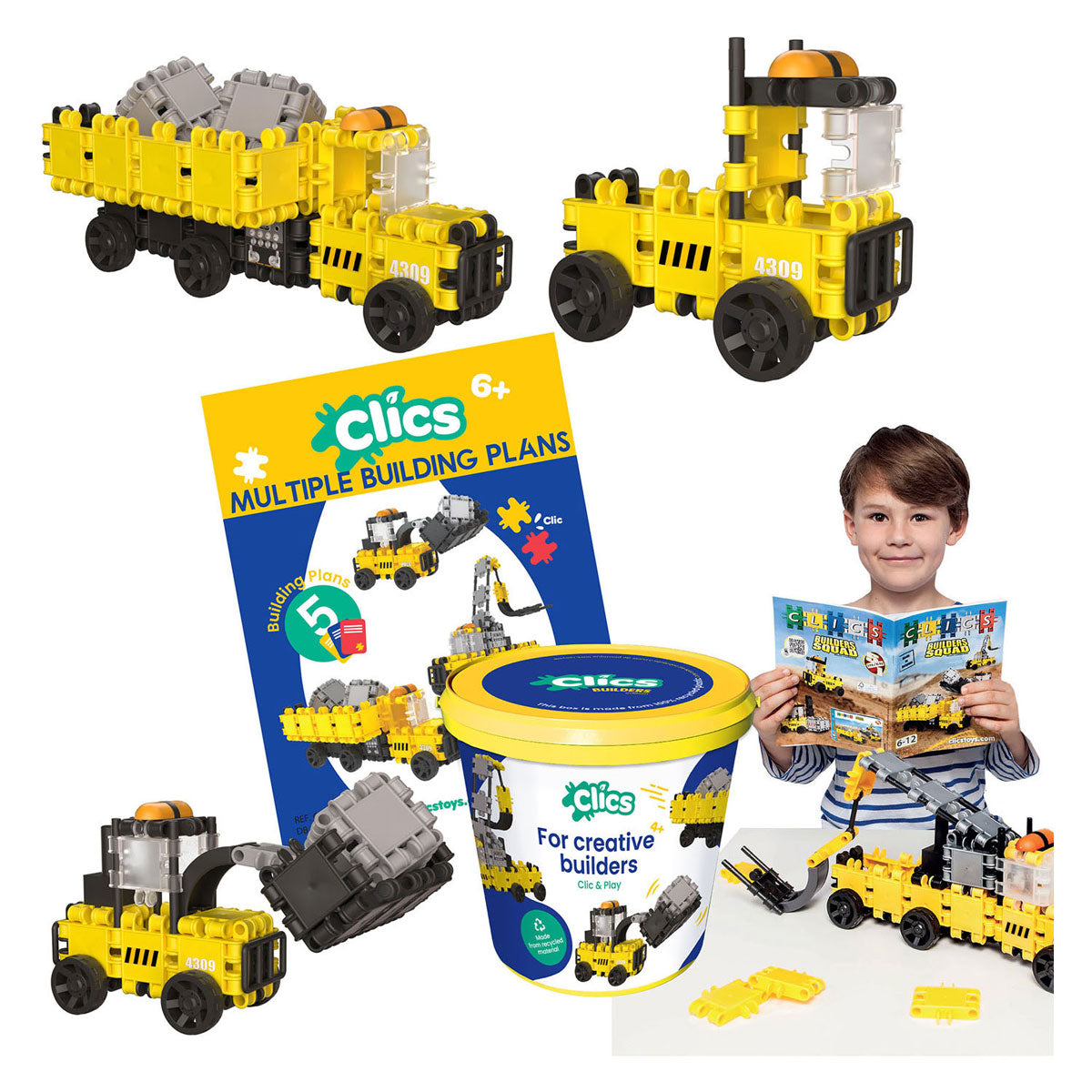 Clics builders 5-i-1 byggeklosser - bærekraftige leker laget av resirkulert plast - byggesett 5 i 1 - leker 4,5,6,7,8 år gutter og jenter - pedagogiske leker - montessori leker - byggeleker