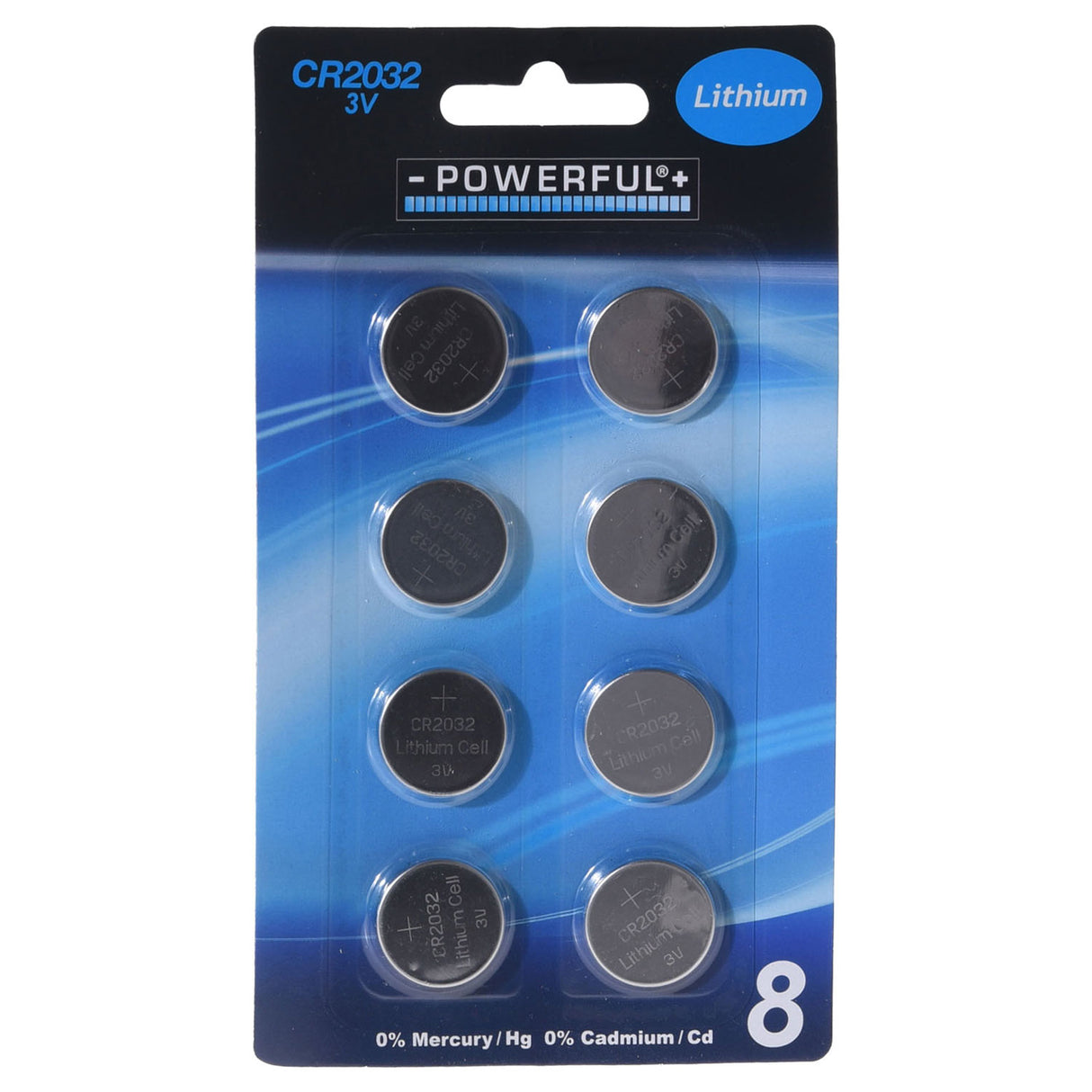 Powerful button cell battery lithium CR2032 pack of 8