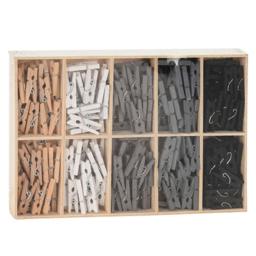 Wooden mini pegs in shades of gray, 5 colors