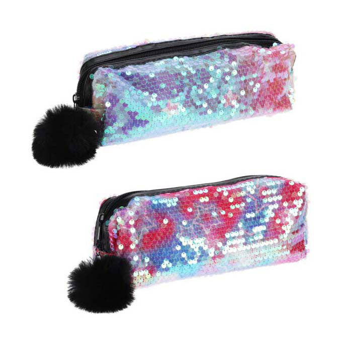 Pencil case with sequins and pompom