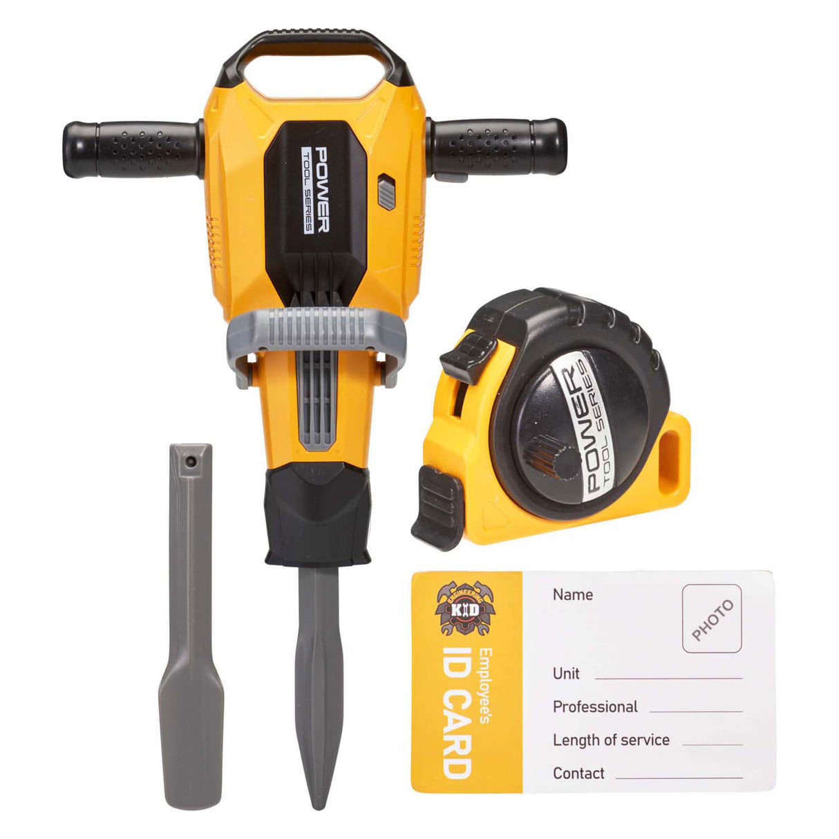 Tools toy jackhammer and measuring tape
