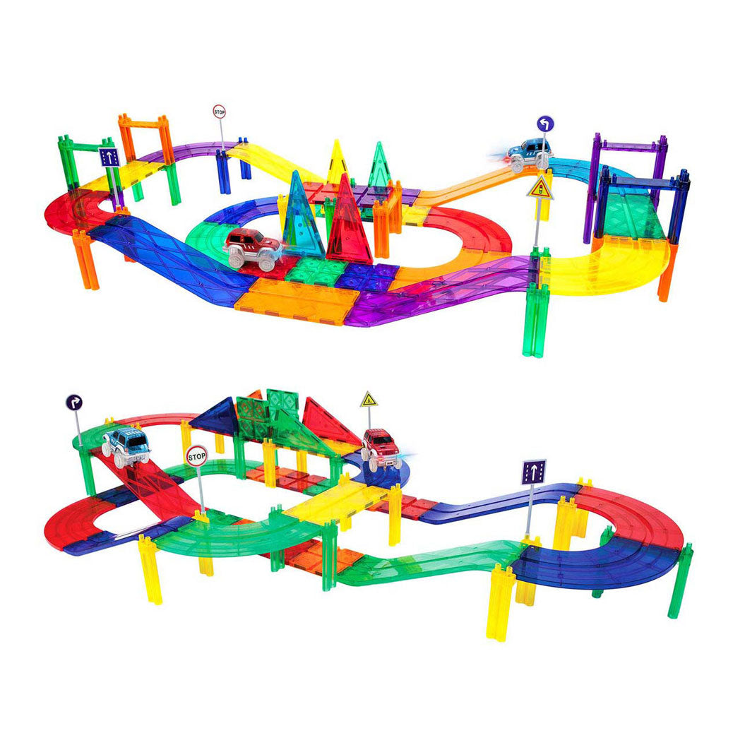 Picasso tiles tactic - construction toys - magnetic tiles - magnetic tiles - race track - stem toys - magnetic race track with 2 LED cars - 50 pieces - from 3 years