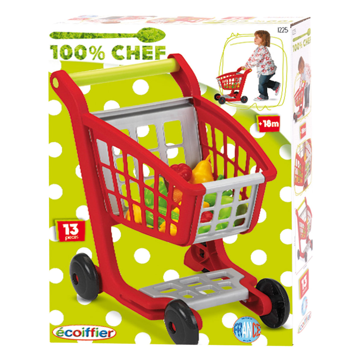 Ecoiffier 100% chief shopping cart with groceries