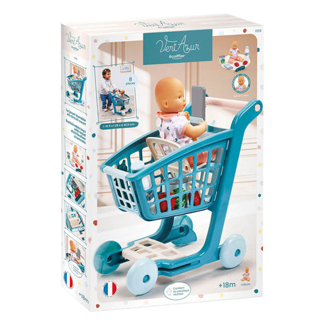 Carrinho de compras Ecoiffier vert azur cheio de boneca - 8 peças.