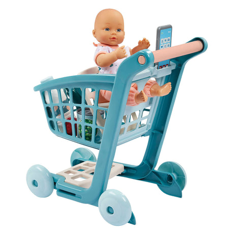Carrinho de compras Ecoiffier vert azur cheio de boneca - 8 peças.