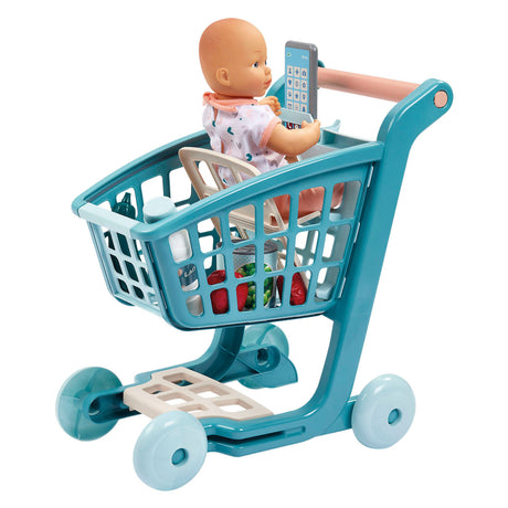 Carrinho de compras Ecoiffier vert azur cheio de boneca - 8 peças.