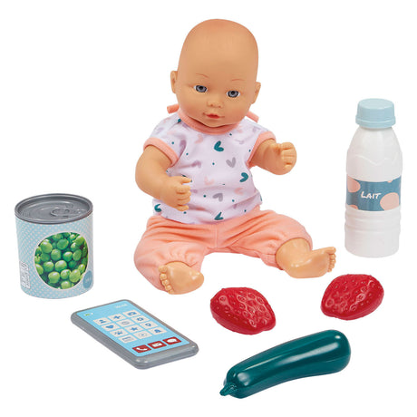 Carrinho de compras Ecoiffier vert azur cheio de boneca - 8 peças.