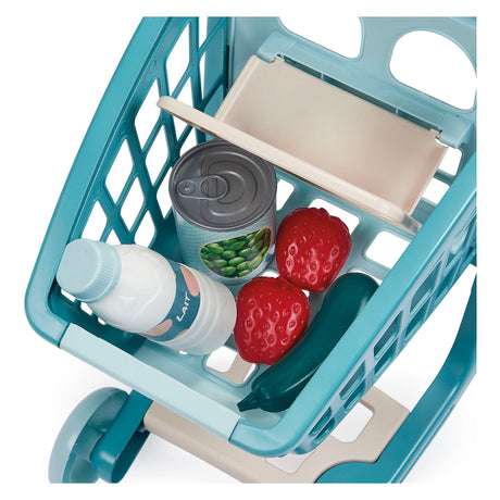 Carrinho de compras Ecoiffier vert azur cheio de boneca - 8 peças.