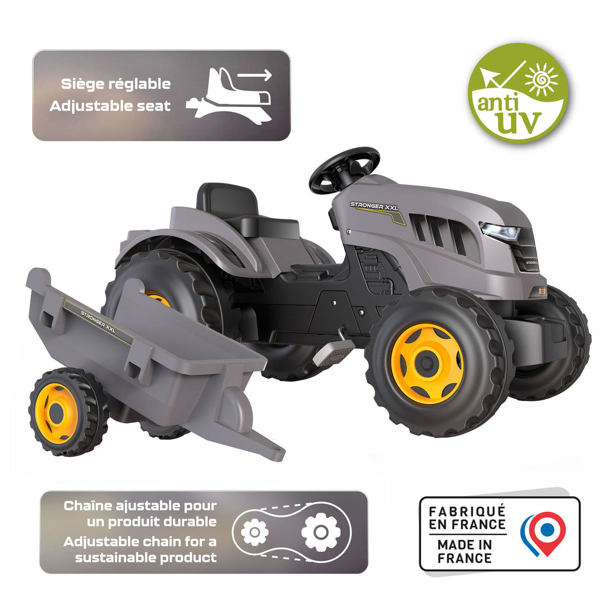 Smoby Stronger XXL Pedal Tractor With Trailer Grey