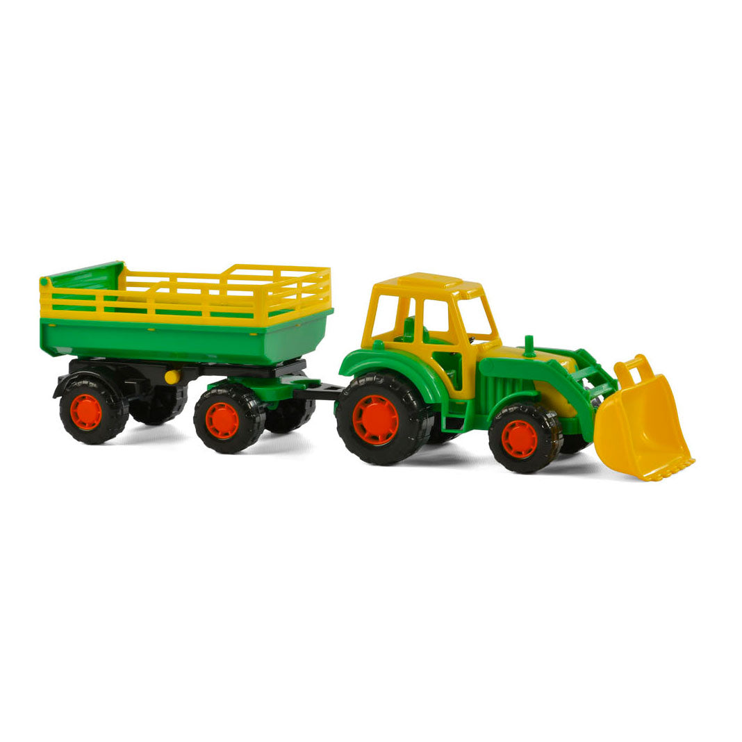 Cavallino Toys Cavallino ciągnik z przednią ładowarką i zieloną przyczepą