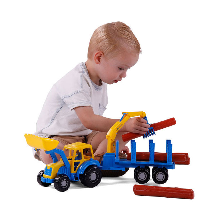 Cavallino Toys Cavallino Junior Ciągnik z przyczepą kranową i drewnem, 46 cm