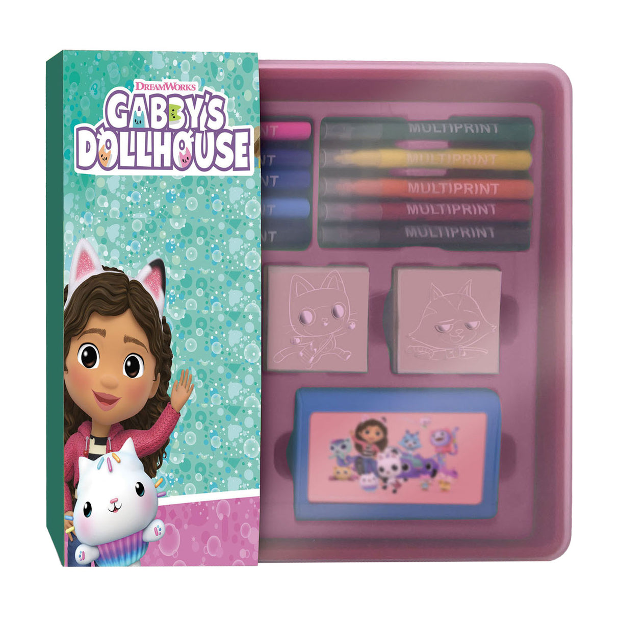 Multiproint Gabby's Dollhouse Stamps i filcowe długopisy ustawione w pudełku do przechowywania