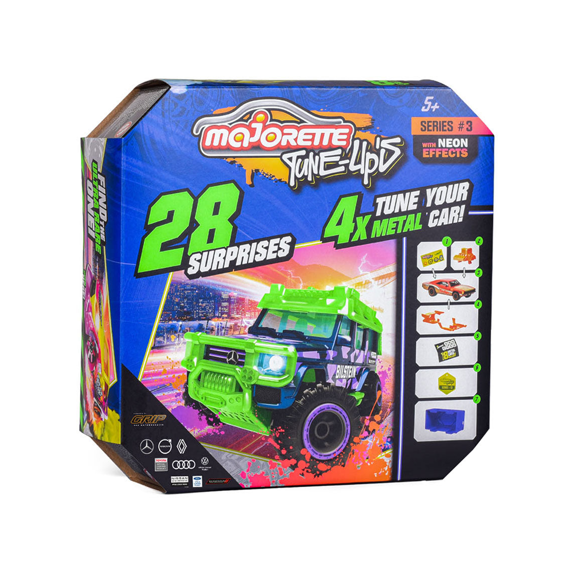 Majorette tune up's 3 racing cars with 28 surprises, set of 4