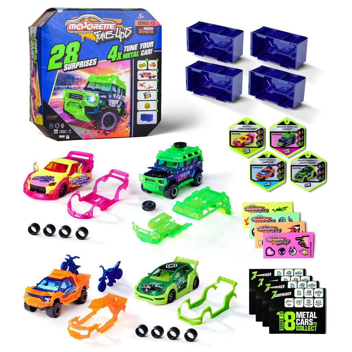 Majorette tune up's 3 racing cars with 28 surprises, set of 4