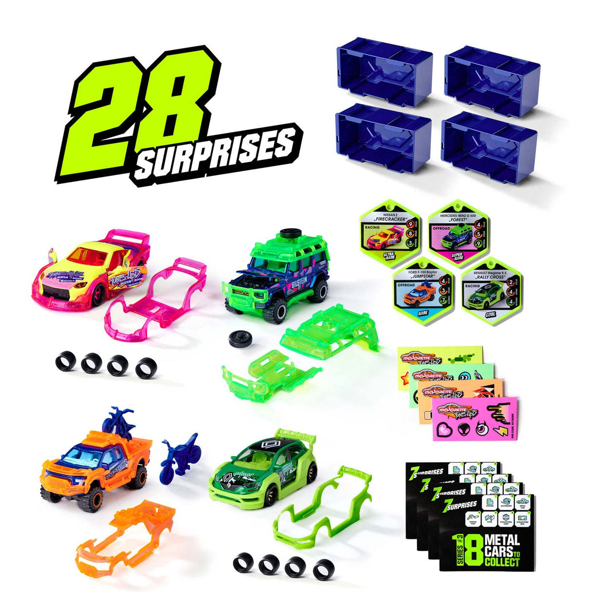 Majorette tune up's 3 racing cars with 28 surprises, set of 4