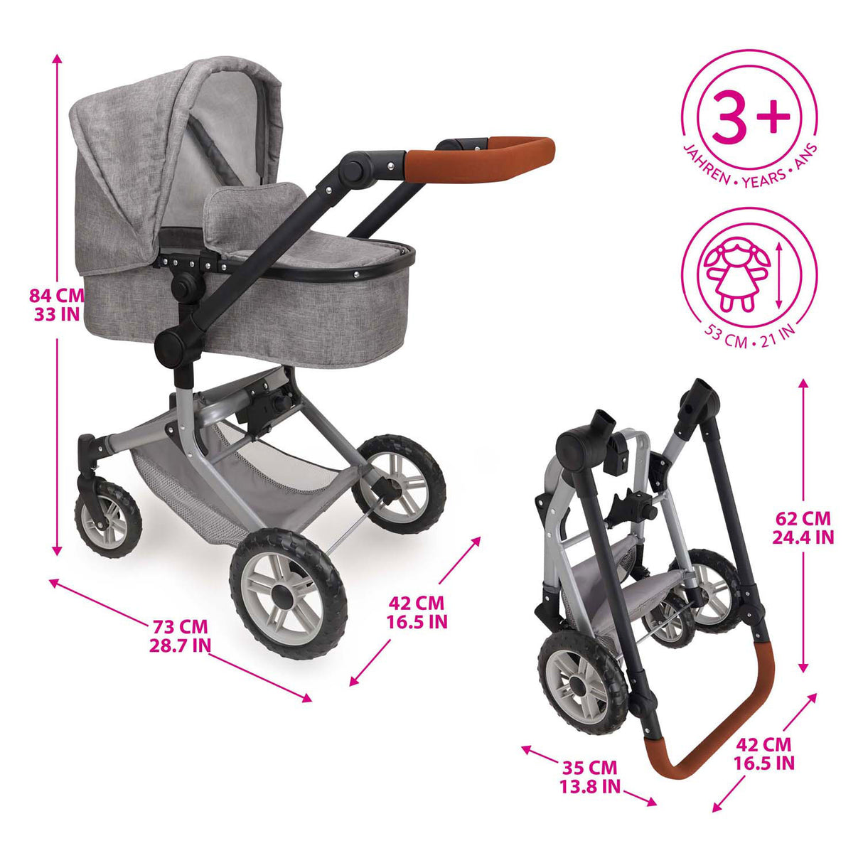 Carrinho de boneca 2 em 1 com bolsa - cinza