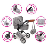 Carrinho de boneca 2 em 1 com bolsa - cinza