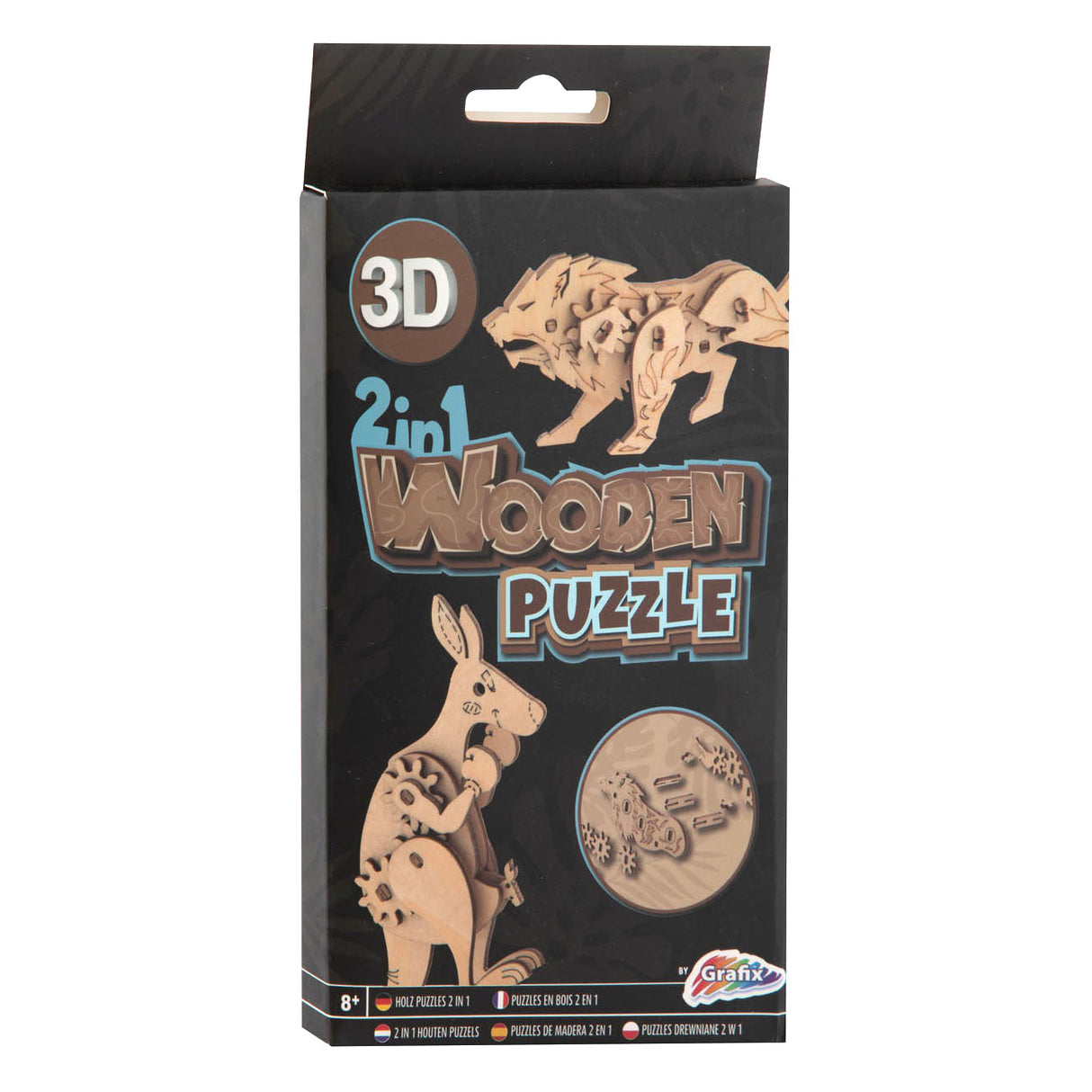 2-i-1 träpaket 3D-pussel-kangaroo och lejon