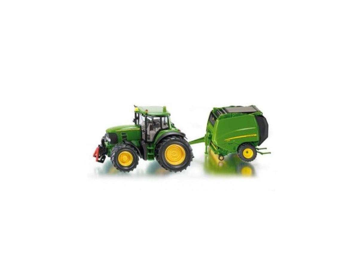 Siku 1665, John Deere tractor with baler including 2 hay bales, metal plastic, green, movable parts