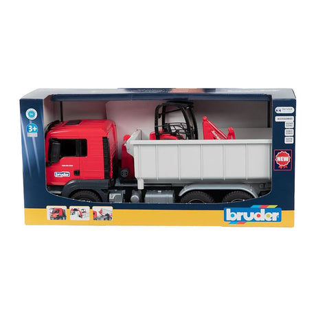 Bruder, miniatyrbil av mannen TGS lastbil med container, röd